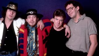 SRV &amp; Double Trouble in 1985: (L-R) Tommy Shannon, American musician, Stevie, drummer Chris Layton and keyboardist Reese Wynans