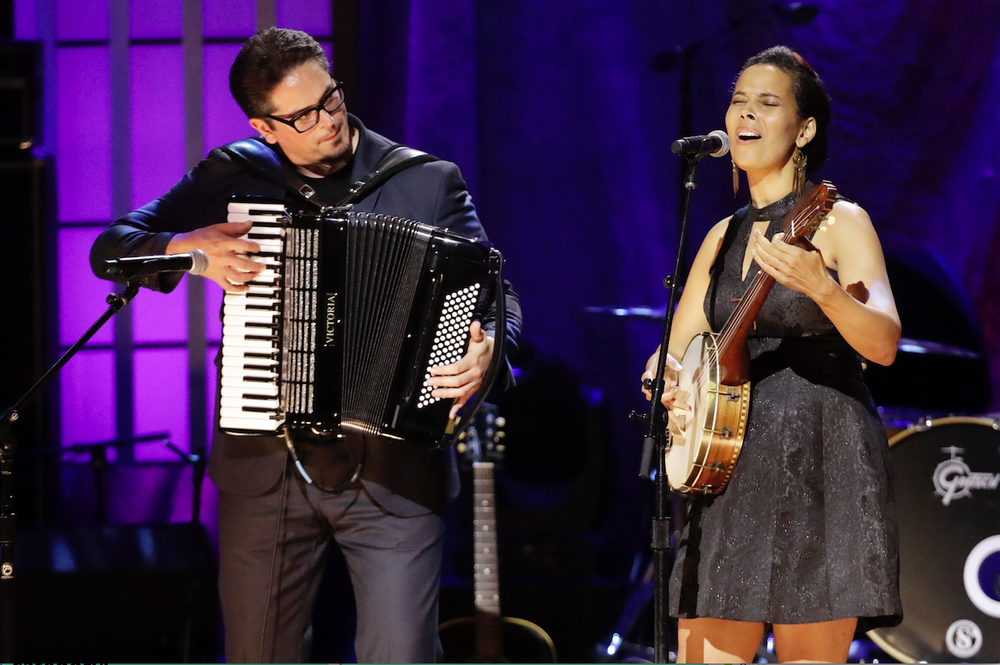 Francesco Turris and Rhiannon Giddens performed at the Americana Honors & Awards show Sept. 11 in Nashville, Tenn. (AP)