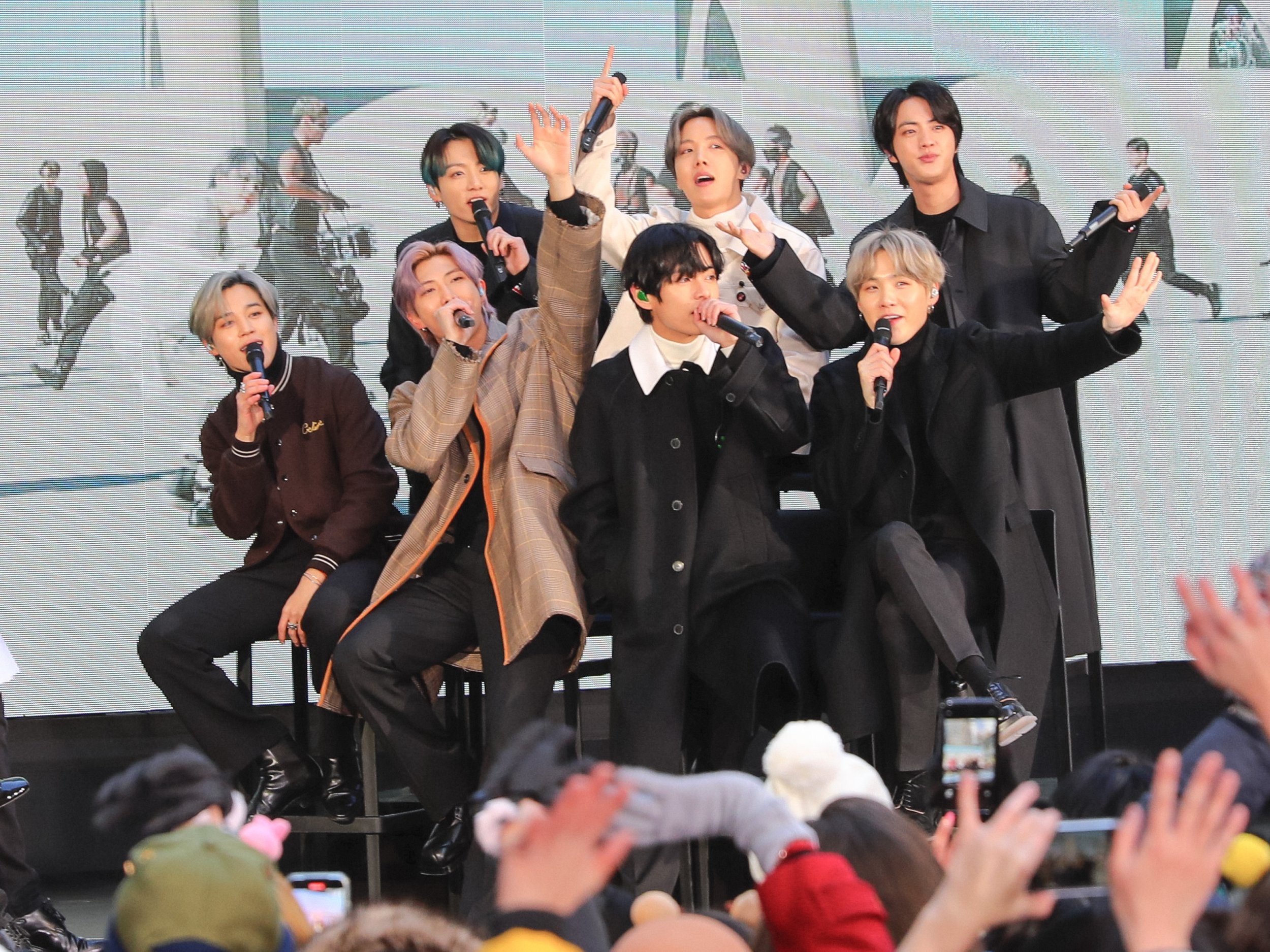 NEW YORK, NY - FEBRUARY 21: Jin, Suga, J-Hope, RM, Jimin, V and Jungkook of K-Pop band BTS are seen during an interview at the 'Today' Show on February 21, 2020 in New York City. (Photo by Jose Perez/Bauer-Griffin/GC Images)
