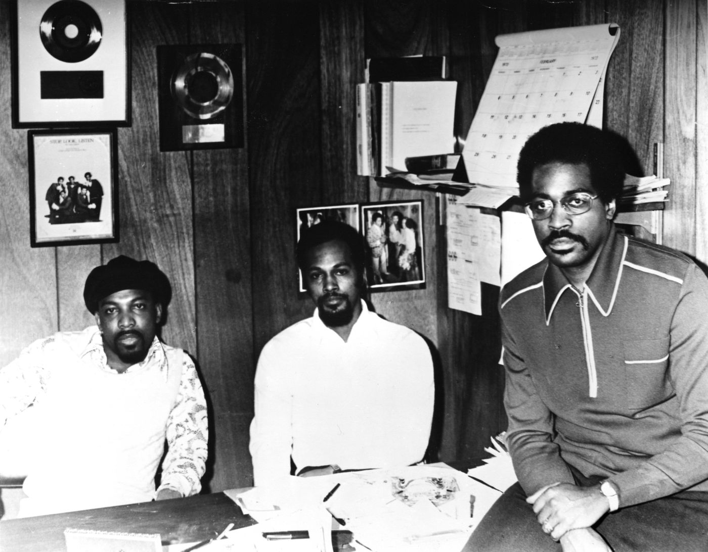 Leon Huff, Thom Bell and Kenny Gamble at the Philadelphia International Records offices in an undated photograph.