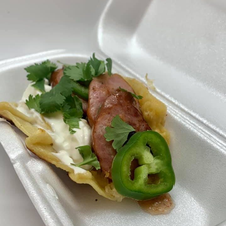A taco with a pierogi for a shell are sold at Pietrzyk Pierogi and Polish Village for a limited time.